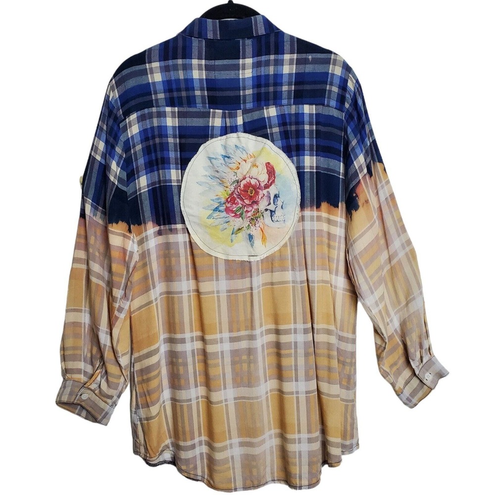 BOHO JANE Top Shirt S Small Oversized Plaid Ombre Tie Die Floral Patch Blue